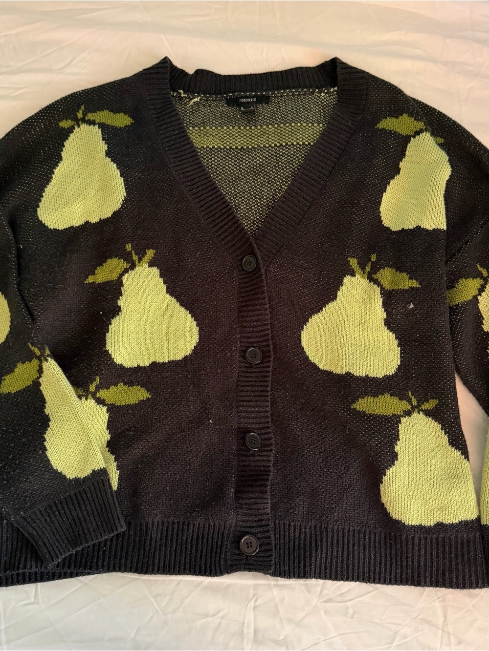 Forever 21 Black Cardigan with Green Pear Pattern